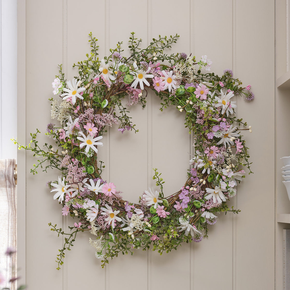 2er Set LED-Blumenkranz & Girlande mit Margeriten in Pastell