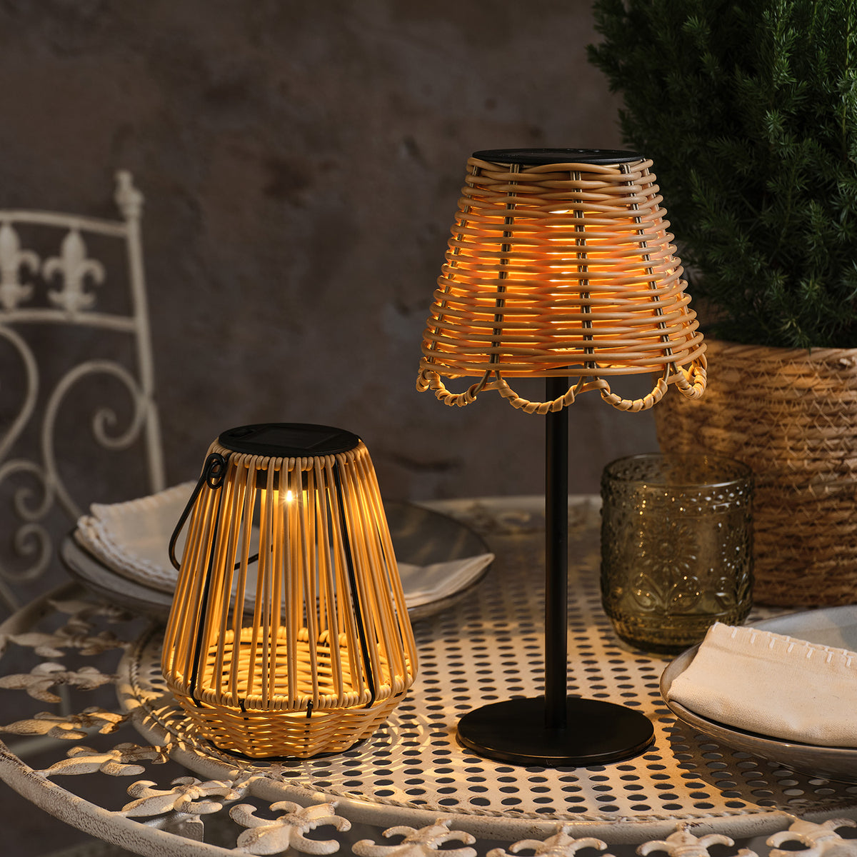 Solar Tischleuchten Set in Rattan-Optik mit Hygge Laterne & Kurv Tischlampe