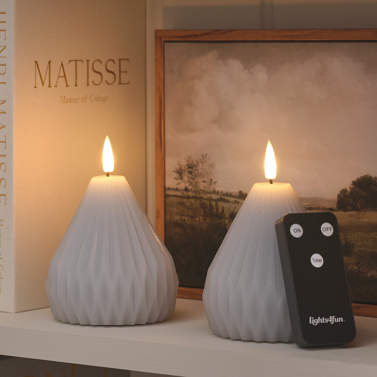 2er Set TruGlow® LED-Echtwachskerzen mit Fernbedienung im Birnen-Design in Hellgrau