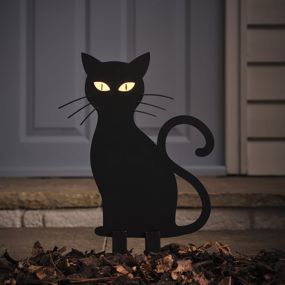 LED-Halloween-Katze Caleb mit Gartenstecker für den Außenbereich nachts