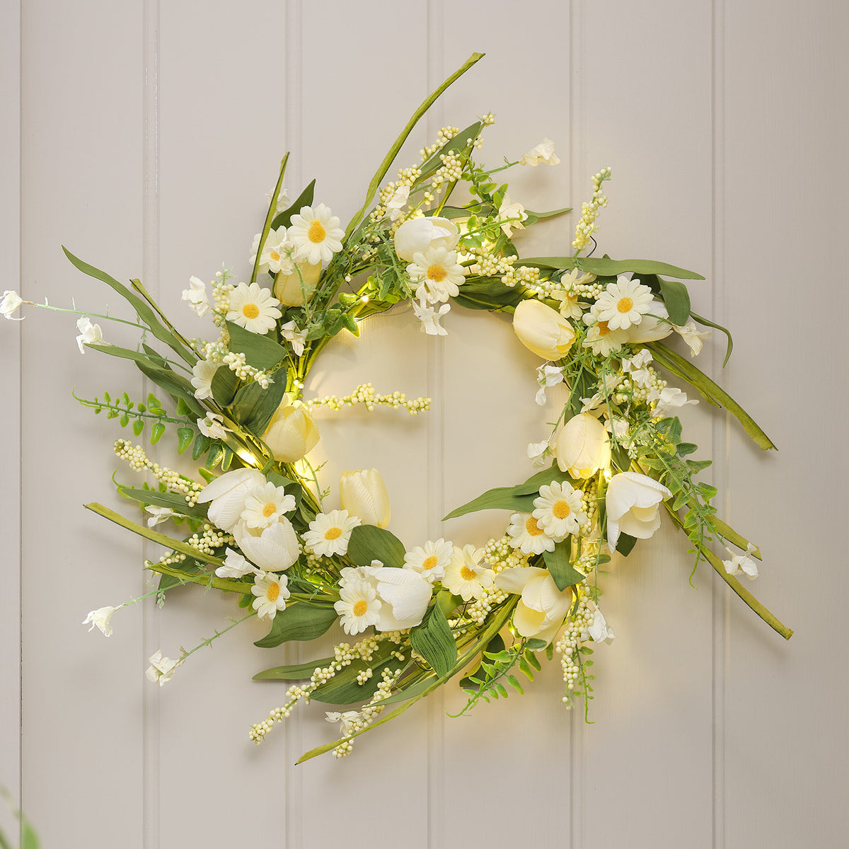 45cm LED‑Frühlingskranz mit Tulpen & Gänseblümchen in Gelb