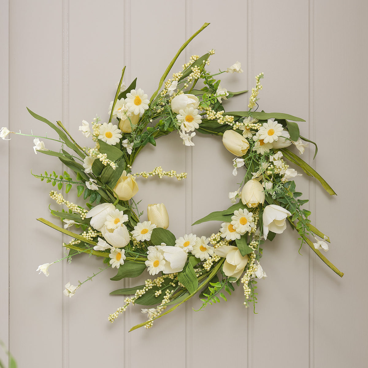 45cm LED‑Frühlingskranz mit Tulpen & Gänseblümchen in Gelb