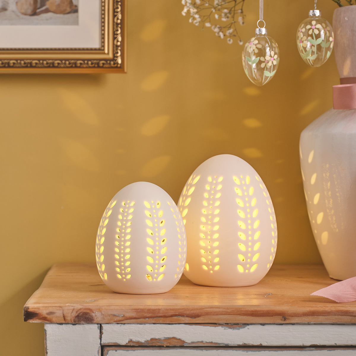 2er Set LED-Porzellan-Eier mit Timer warmweiß