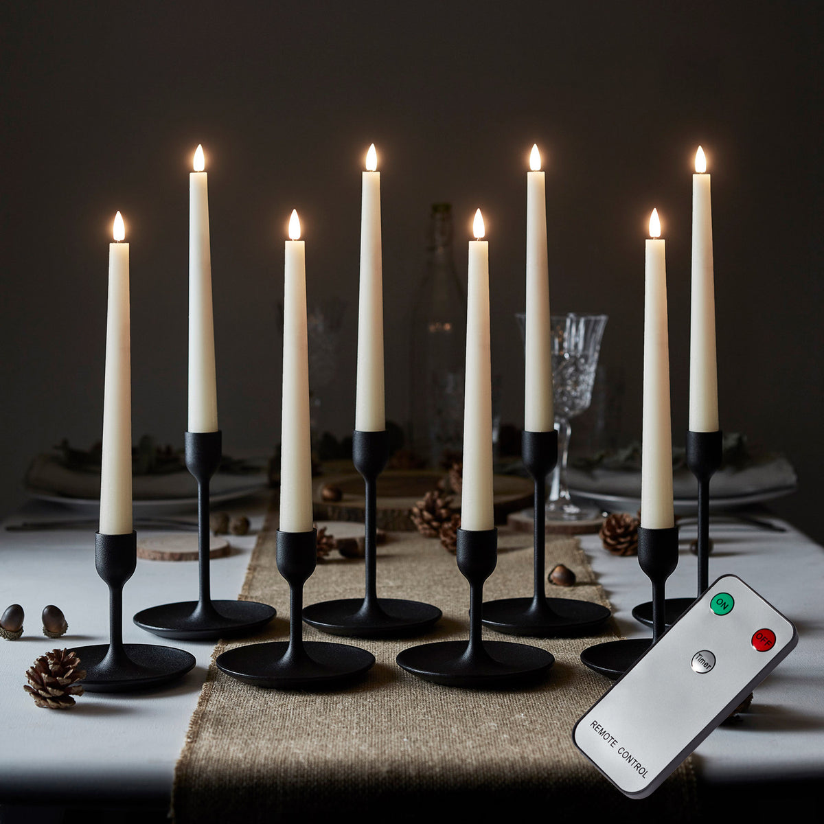 8er Set TruGlow® LED Stabkerzen Echtwachs elfenbeinfarben mit Fernbedienung